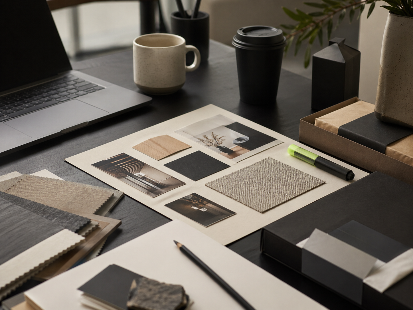 Editoriale Szene aus einem kreativen Workshop mit Materialien und Skizzen.